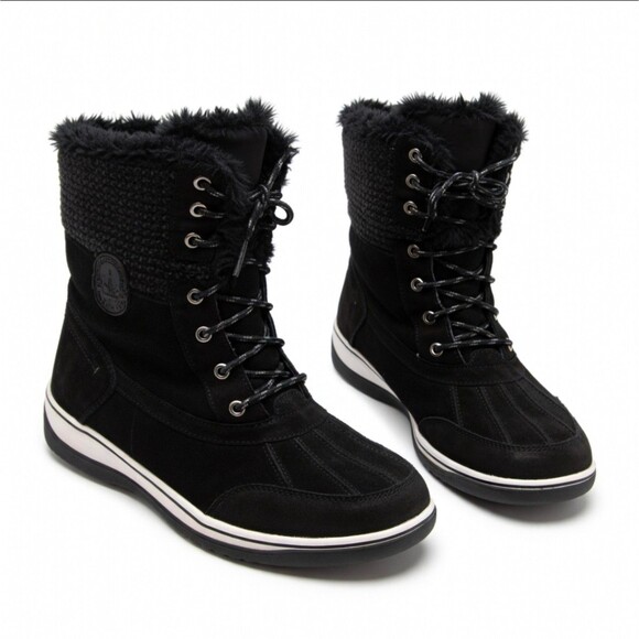 Lands' End Shoes - Lands End Womens 473076 Avalanche Snow Boot Black Suede Lace Up Faux Fur Trim 11